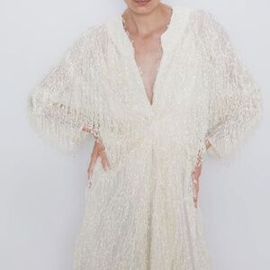 ZARA Textured Cream Weave Fringe Midi Dress V-Neck Long Sleeve NWT Size Medium